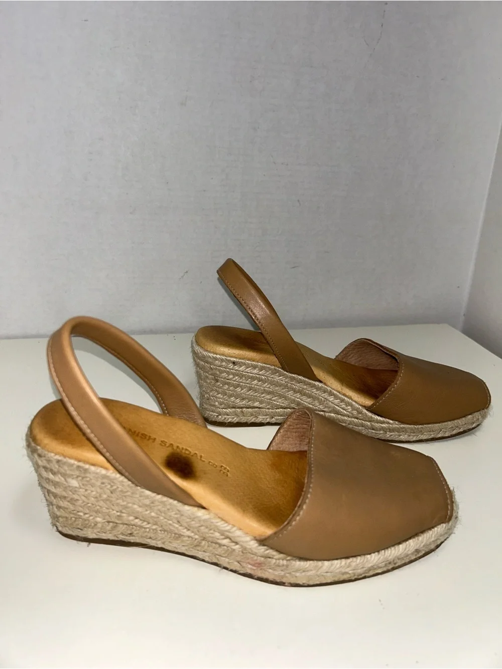 Spanish Sandal Co. Camel Leather Wedge Espadrille Slingback Sandal